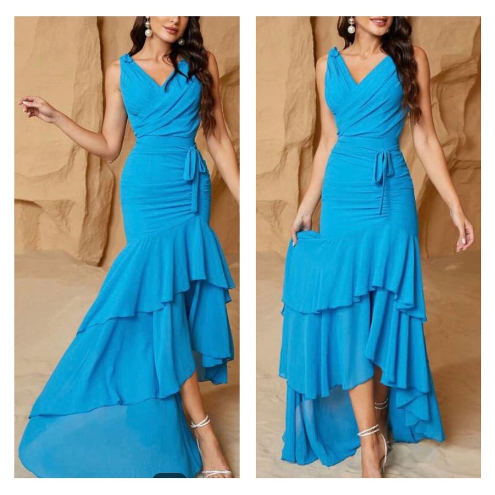 Blue Sleeveless Hi-Lo Hem Maxi Dressy Wedding Party Dress